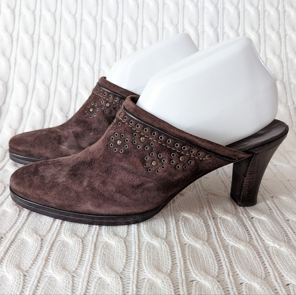Cole Haan Leather Mules Slip On Heels Shoes 9 Brown Studded‎ Grommets - Picture 14 of 14